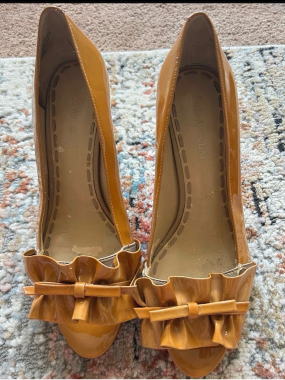 Enzo Angiolini Mustard Patent Ruffle Bow Pumps